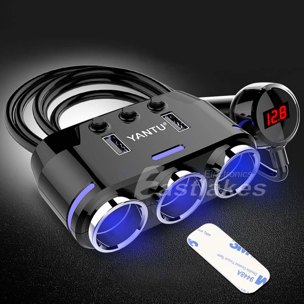 3 Way Car Cigarette Lighter Socket Splitter with Dual USB Ports - Eastlakes Electronics
